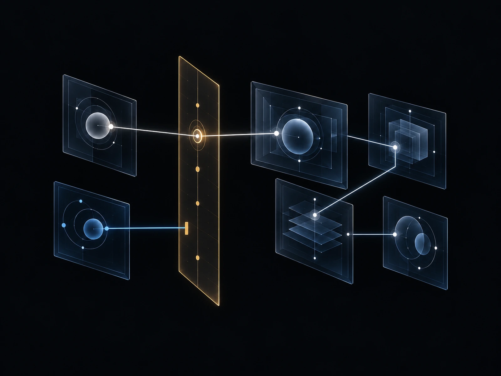 Conceptual illustration on black: translucent blue panels joined by fine lines of light, with a tall gold boundary between them. One path passes through a ring at the boundary's centre; another ends at a small gold mark on its edge.